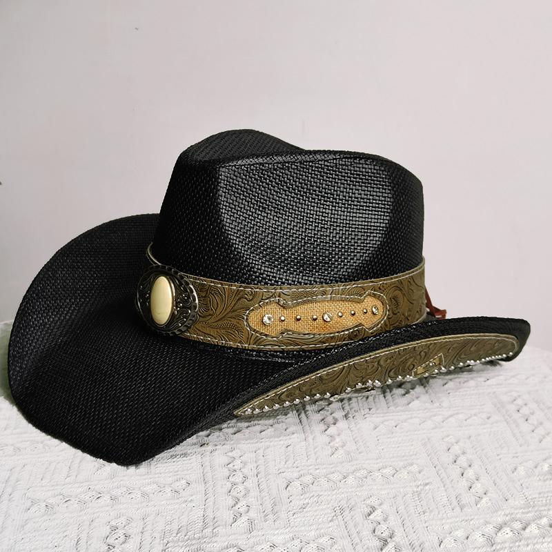 Summer Hard Embroidery Western Cowboy Straw Hat Women Fashion Large Brim Straw Hat Party Outdoor Sunshade Hat Sombrero Vaquero