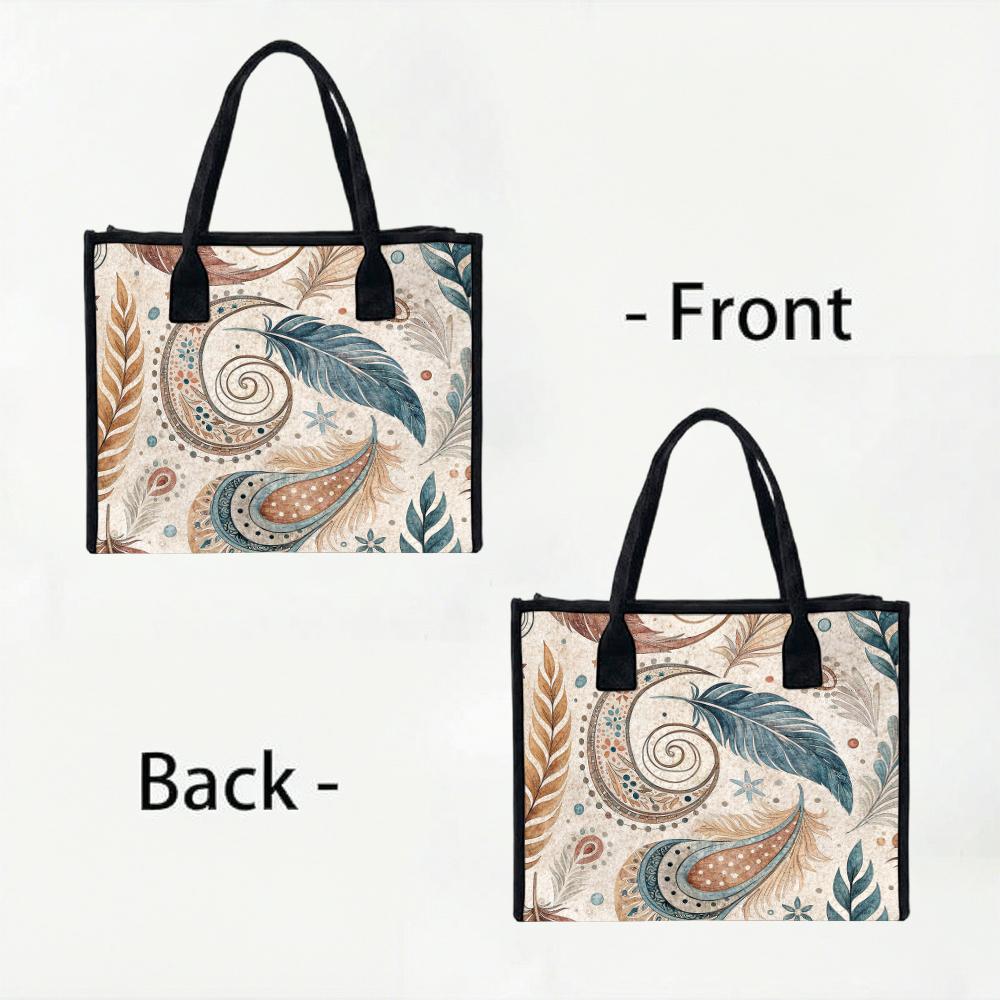 Bohemian Feather Print Tote Bag Casual Large Capacity Daily Shoulder Handbag for Women