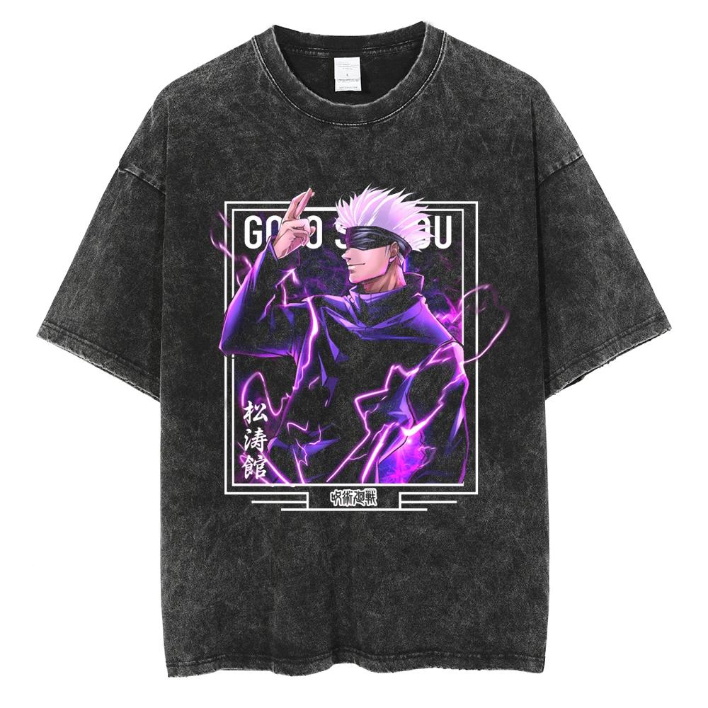 Anime Jujutsu Kaisen Gewaschenes T-Shirt Vintage Hip Hop Retro Baumwolle Herren Streetwear Übergroßes Damen Kurzarm Oberteil Y2k