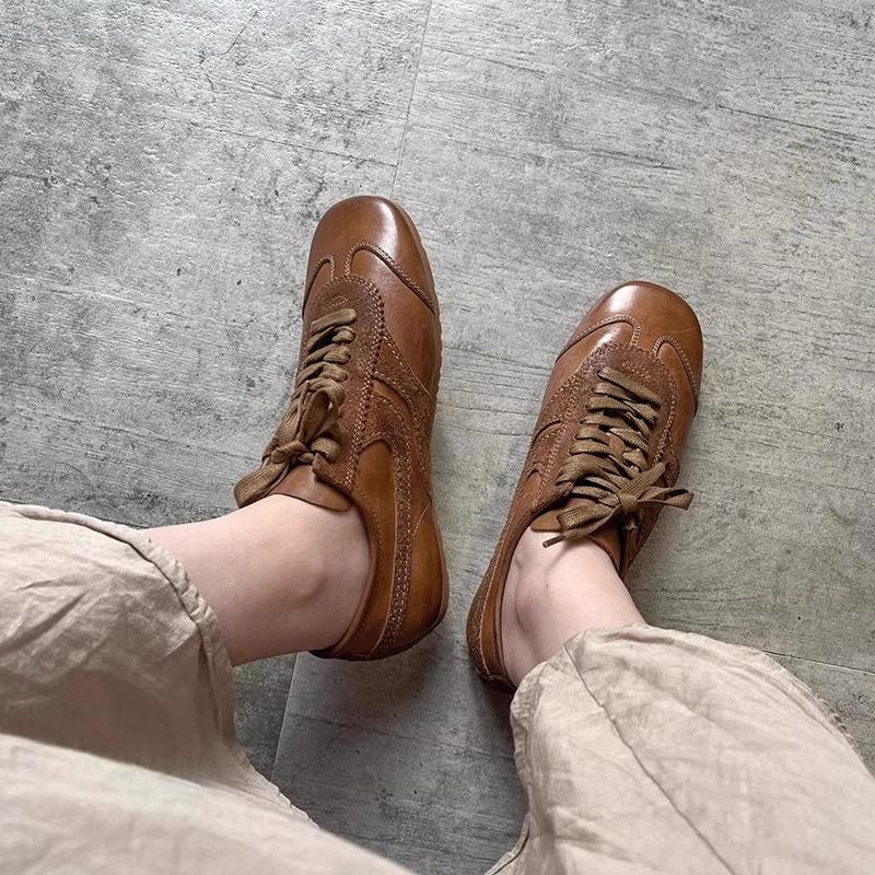 Cowhide Version~ Niche Leather German Training Shoes Women's Winter Flat Forrest Gump Shoes Versatile Retro Board Shoes Casual Sports Shoes