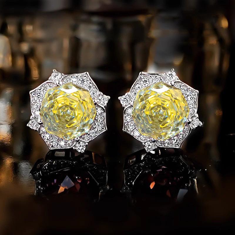 Octagonal Millennium Rose Cut Pink Diamond Flower Ring Elegant Temperament High Carbon Diamond Goose Yellow Stud Earrings Pendant