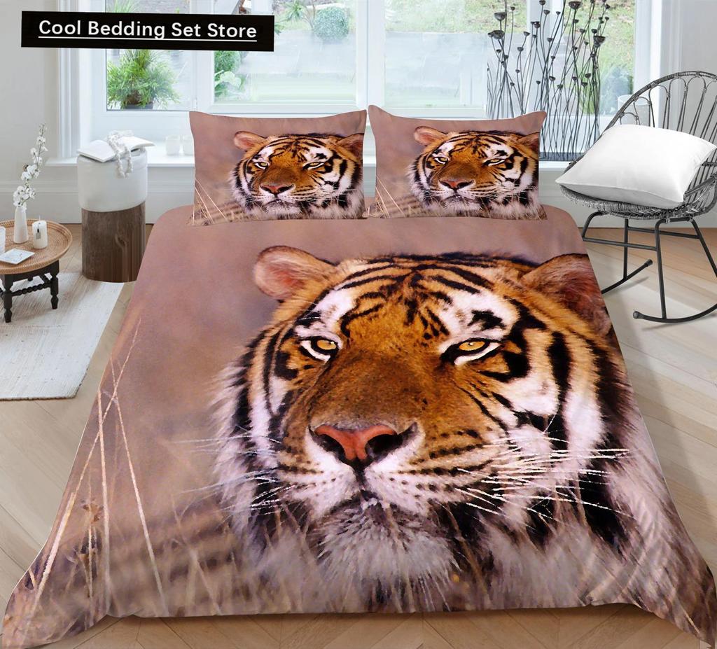 Tiger Duvet Cover Set Red Rose Flower Comforter Cover Boys African Safari Wild Animals Big Cat Queen King Polyester Qulit Cover
