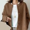 Women Coat Round Neck Long Sleeve Solid Color Knitting Outwear Solid Color Loose Fit Mid-length Coat