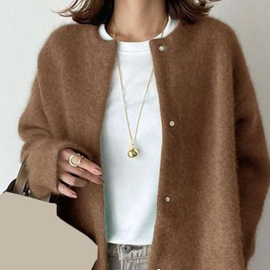 Women Coat Round Neck Long Sleeve Solid Color Knitting Outwear Solid Color Loose Fit Mid-length Coat