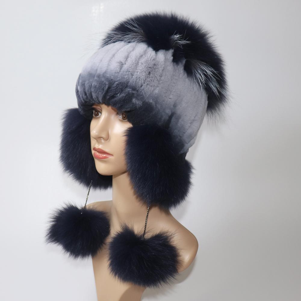 Elastické Pletené Čepice z Králičí Rex Fur Handmade Čepice z Pravé Kožešiny s Liščími Ušima Pravá Kožešina Sněžná Čepice Kukly pro Ženy Designérská