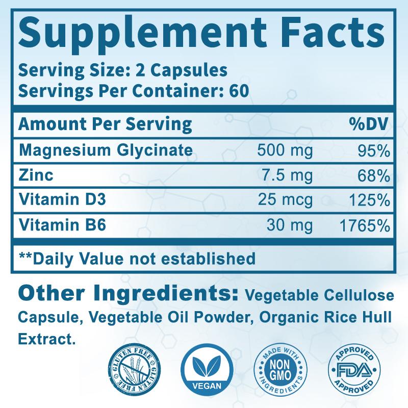 Magnesium Glycinate Capsules with Zinc - Promotes Nerve, Bowel, Relaxation Function Vegan Capsules for Women & Men