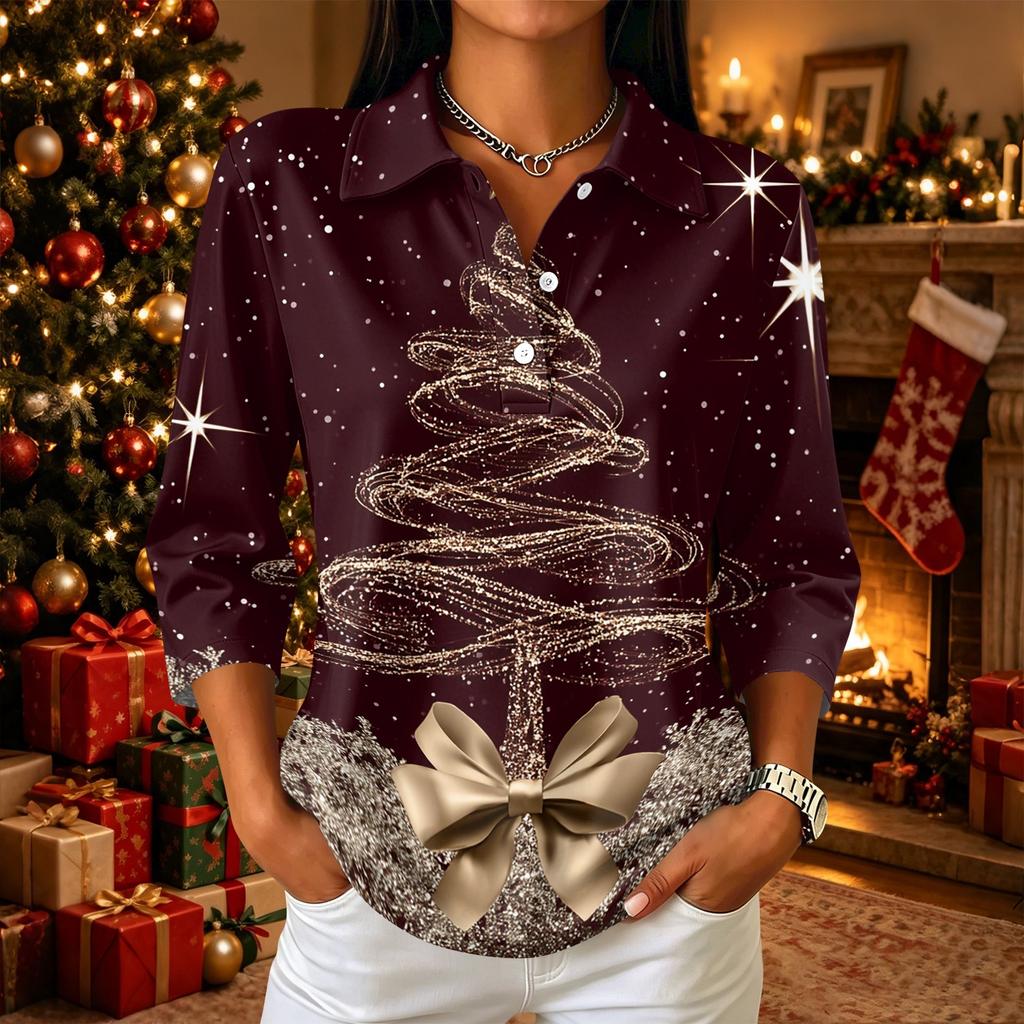 Damen Freizeithemd mit 3/4 Ärmeln, Kragen und Knopfleiste mit Weihnachtsdruck