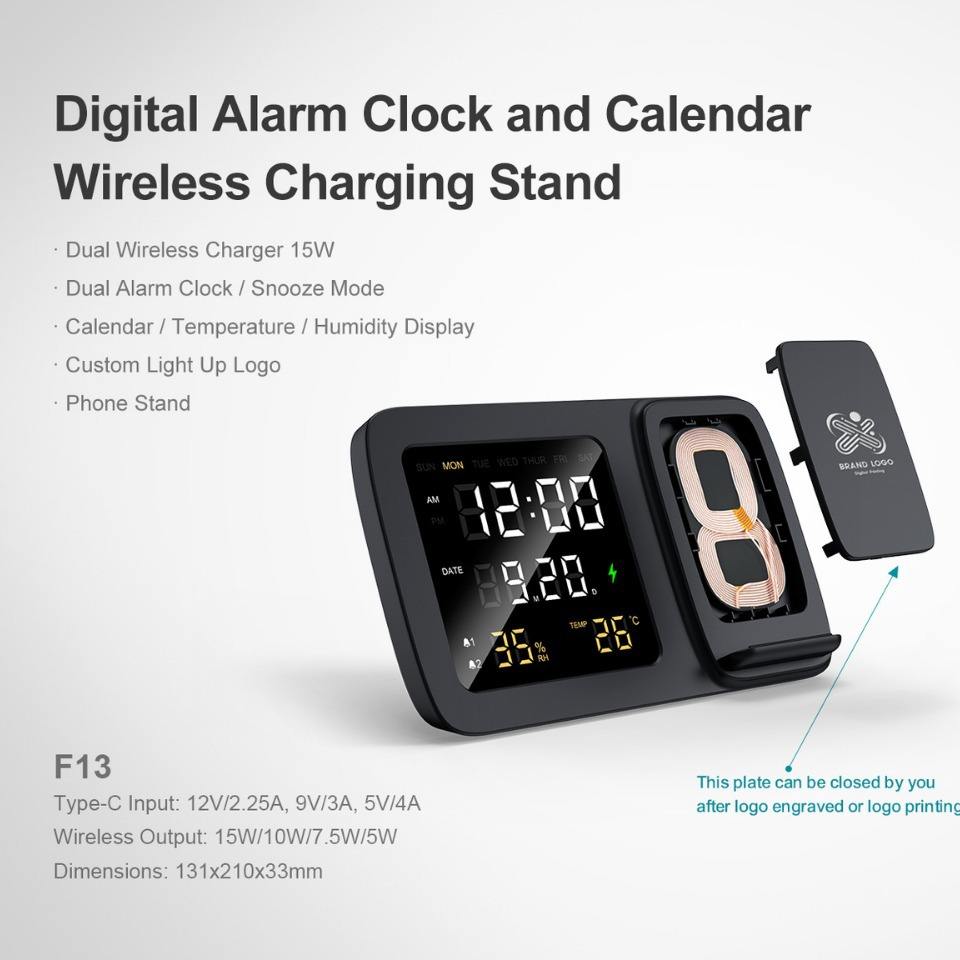 Foldable Desk Dual 15W Wireless Charger Mobile Phone Stand with LED Light Digital Alarm Clock Calendar Temperature Snooze Mode