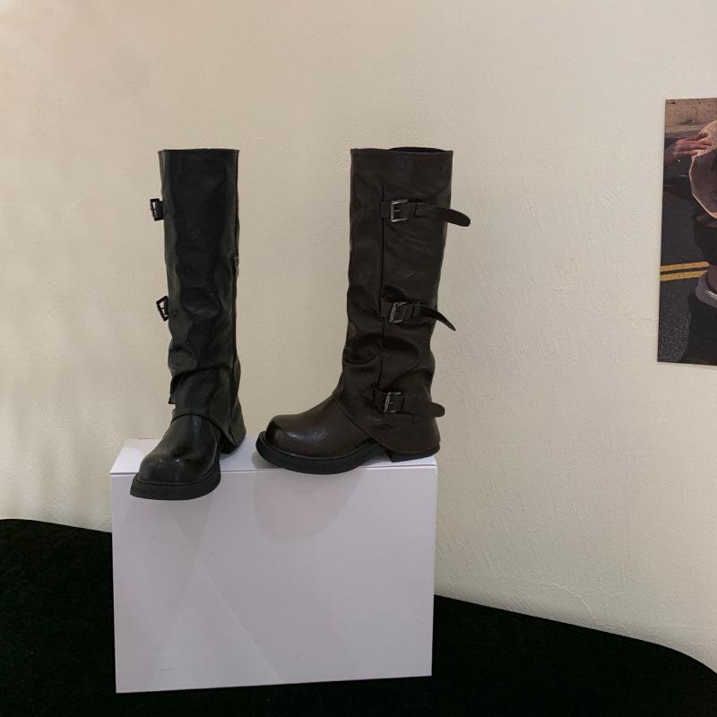 French retro thick-heeled boots women's autumn and winter black thick-soled thin boots women's wasteland wind wrinkled pile short boots