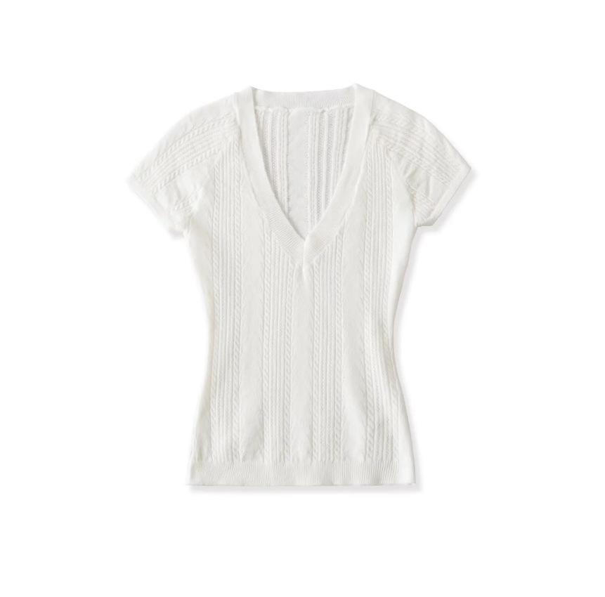 V-neck hollow short-sleeved T-shirt women's summer new American Spice Girl solid color slim-fitting knitted bottoming top