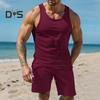 2Pcs/Set Men Sportswear Waffle Fabric Solid Color O-Neck Sleeveless Vest Elastic Waist Wide Leg Shorts Suit Casual Wear