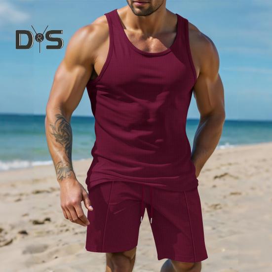2Pcs/Set Men Sportswear Waffle Fabric Solid Color O-Neck Sleeveless Vest Elastic Waist Wide Leg Shorts Suit Casual Wear