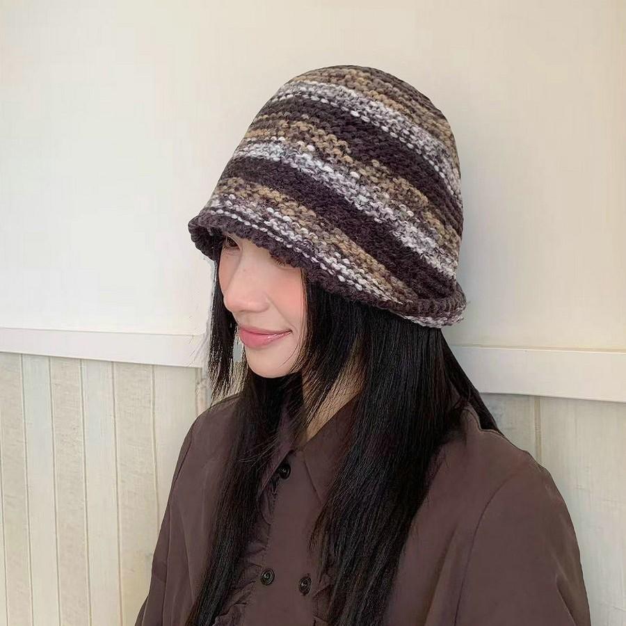Retro knitted contrasting striped bucket hat women's autumn and winter versatile face small bucket hat casual fashion wool basin hat