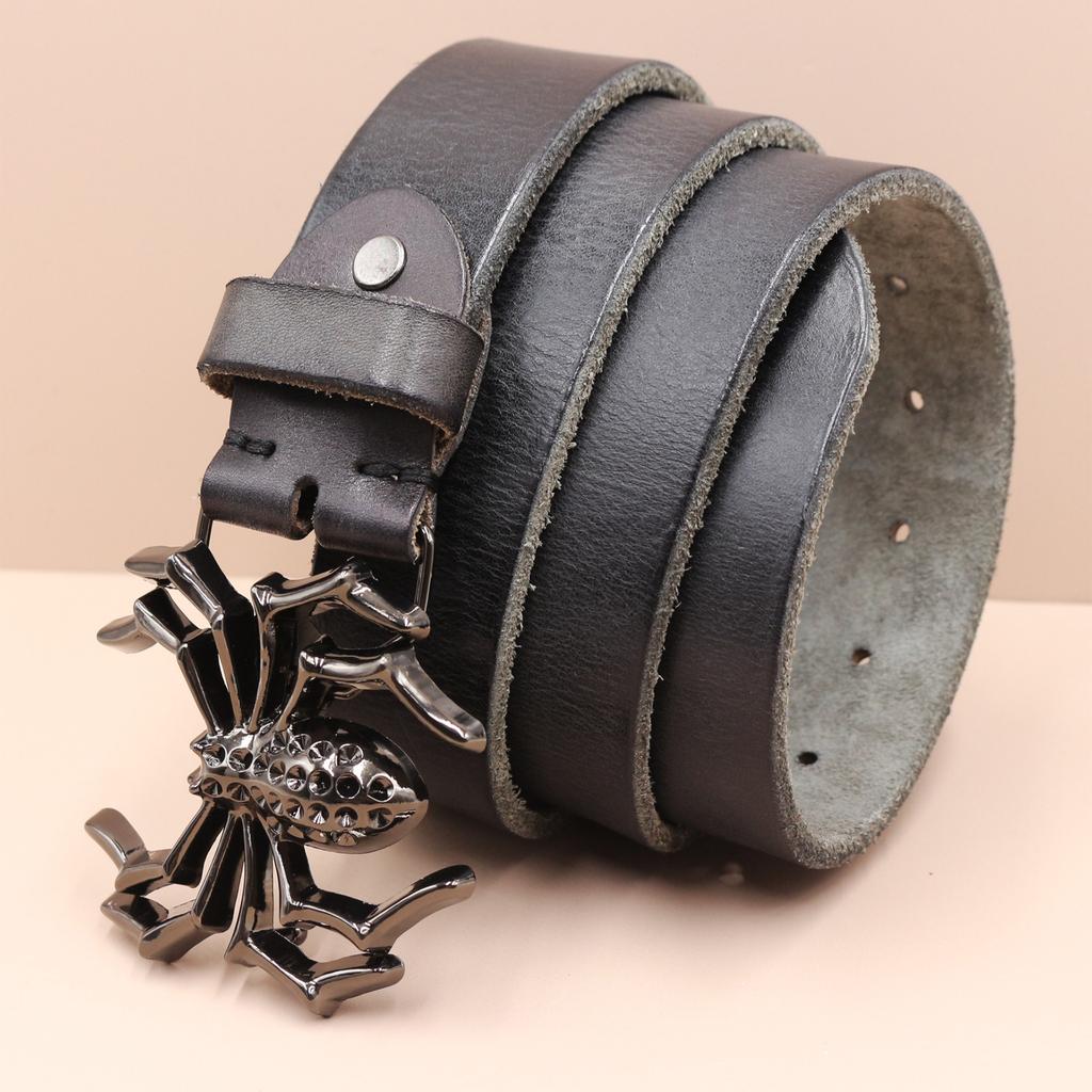 Men's Leather Belt, Spider Buckle Top Layer, Cowhide, Retro Youth Cargo Belt