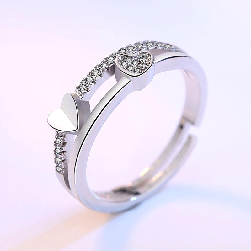 Fashion Ladies Crystal Love Heart Adjustable Open Rings Jewelry