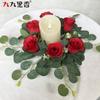 25cm Artificial Eucalyptus Red Rose Candle Ring Valentines Day Table Decor Wedding Party Home Styling