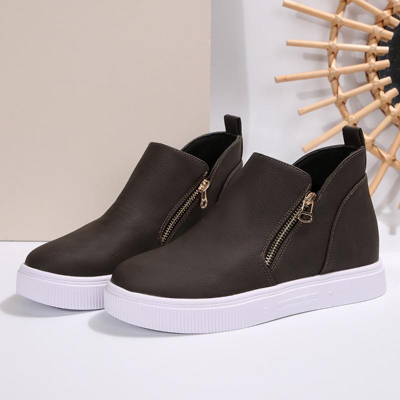Fashion Inside Heightened Single Shoes Autumn New Round Toe Side Zipper Platform Non-Slip Wear-Resistant Flats