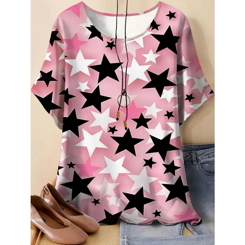 Fashion Women's Crew Neck Short Sleeve 3D Casual Color Printing Casual Short Sleeve Crew Neck T-Shirt