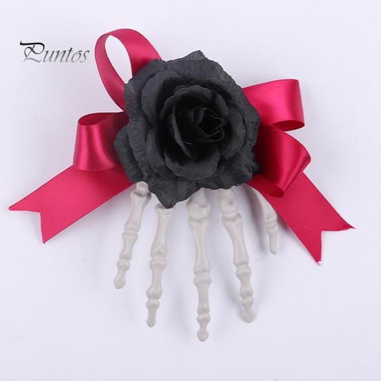 Halloween Hair Pin Skeleton Hand Frame Artificial Rose Flower Bow Decoration Hair Clip Dark Horror Style Hairpin