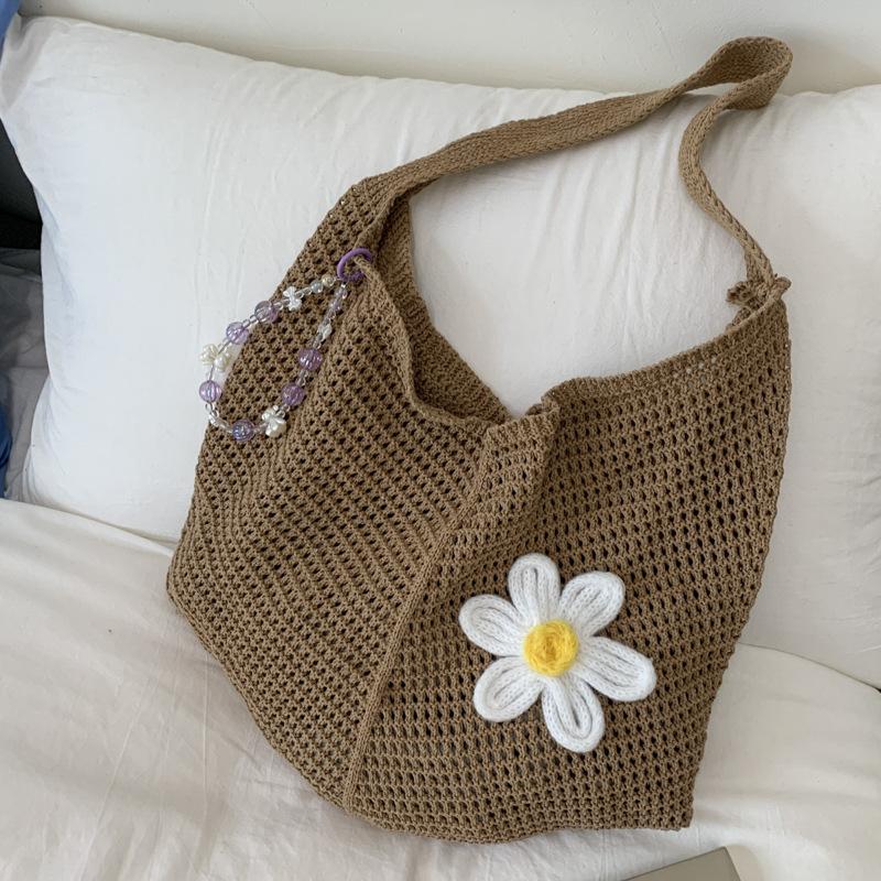 Woven Bag Women's New Shoulder Tote Bag Lazy Wind Knitted Hollow Flower Beach Bag