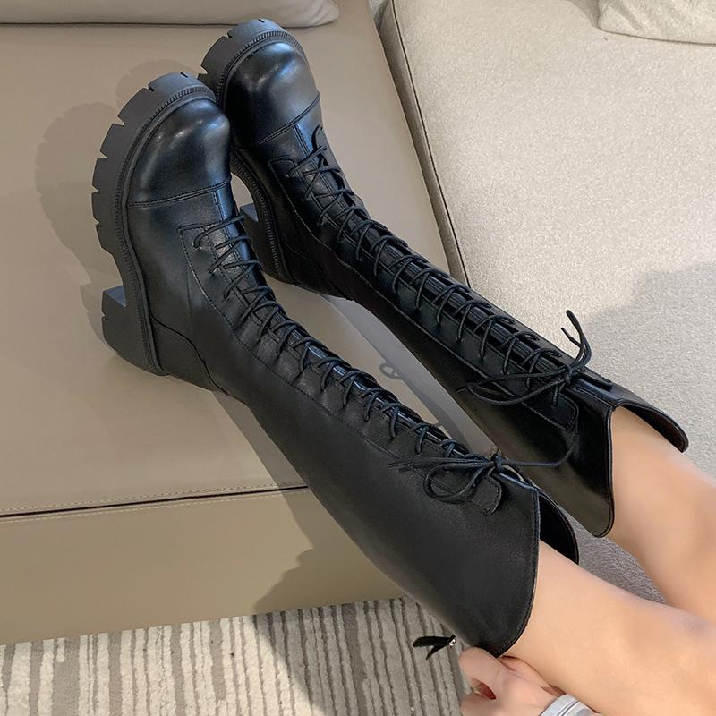 

Fashion Winter Women Zipper New Long Boot Fashion Lace Up Non Slip Shoes Casual Thick Soled Trend Boots Comfortable Ladies Shoe Botas 35 чёрный