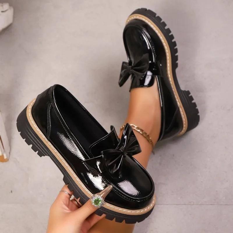 2025British Style Women's Flats Butterfly Knot Thick Bottom Slip-On Loafers Round Toe Casual Shoes Solid Color Loafers