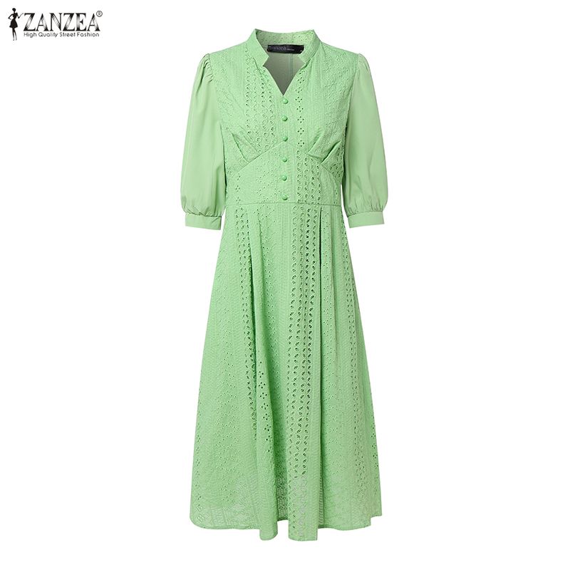 ZANZEA Women Casual V-Neck 3/4 Sleeve Loose Long Dress