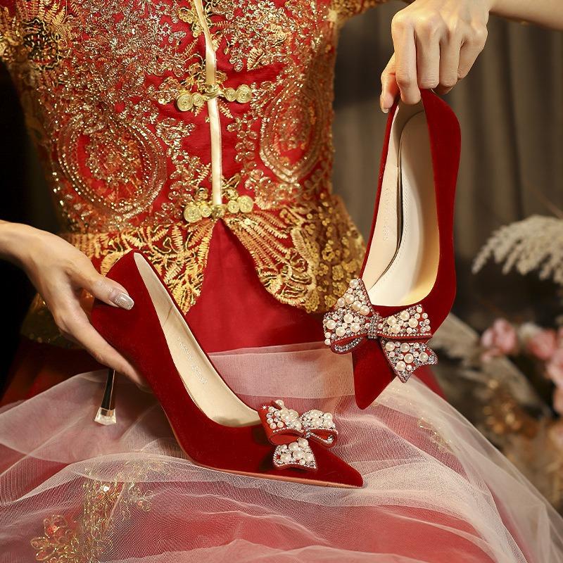 Suede Chinese Pointed Stiletto Wedding Shoes Women's Bow High Heels Red Bridal Shoes Super High Heels