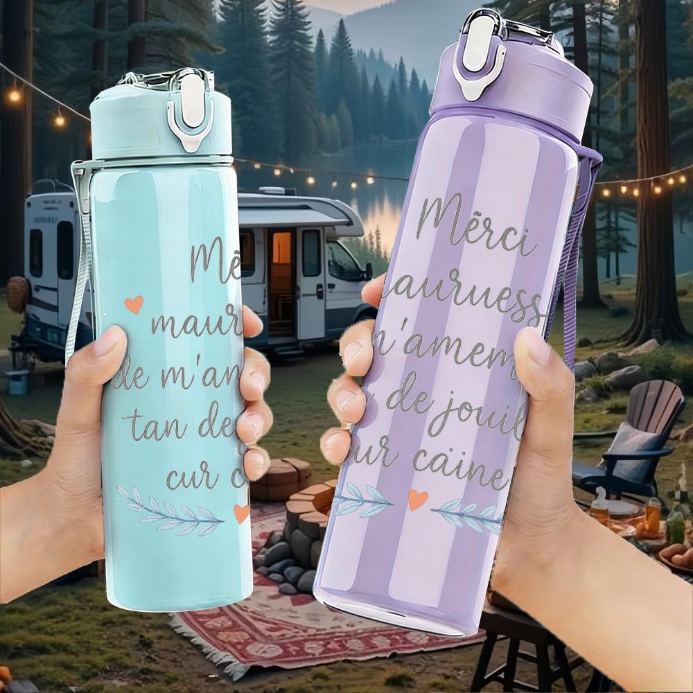 1PC French Romantic Quote Floral 750ml Color Plastic Sports Water Bottle Leakproof Flip Straw Lid Suitable for Sports Office Home Use