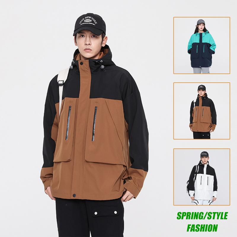 Unisex jacket, loose multi-pocket waterproof and windproof work jacket, outdoor hooded jacket, same style for men and women