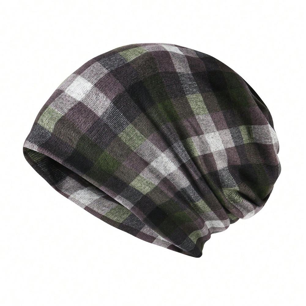 

Plaid Print Turban Hats Contrasting Colors Casual Hedging Cap Pullover Hat Autumn and Winter Style 1