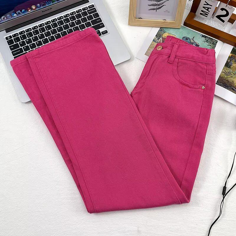 2024 Autumn Rose Red High-Waisted Straight-Leg Jeans for Pear-Shaped Bodies