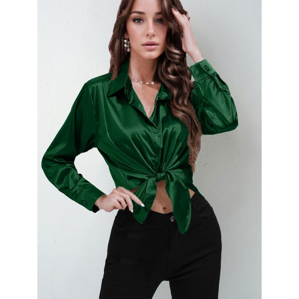 GMXIA Sateng Silkelignende Langermet Ensfarget Skjorte for Kvinner, Elegant Knappedetalj foran med Krage