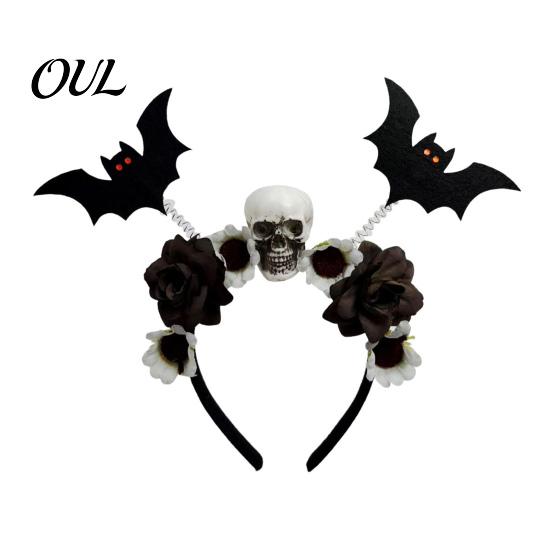 Festive Hair Decorations for Costumes Halloween Flower Skeleton Bat Headband, Gothic Floral Skull Bands, Spooky Fashionable Clips Accessory,
