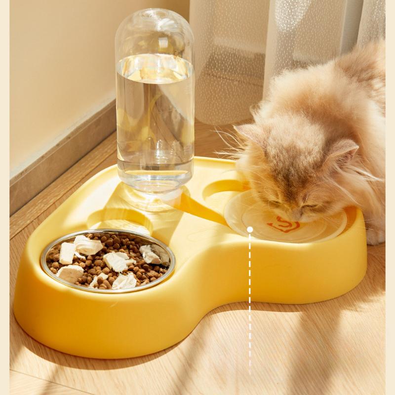 Cat Feeder Water Bowl Combination Automatic Pet Drinking Bowl Food and Water Two in One Stainless Steel Cat Bowl