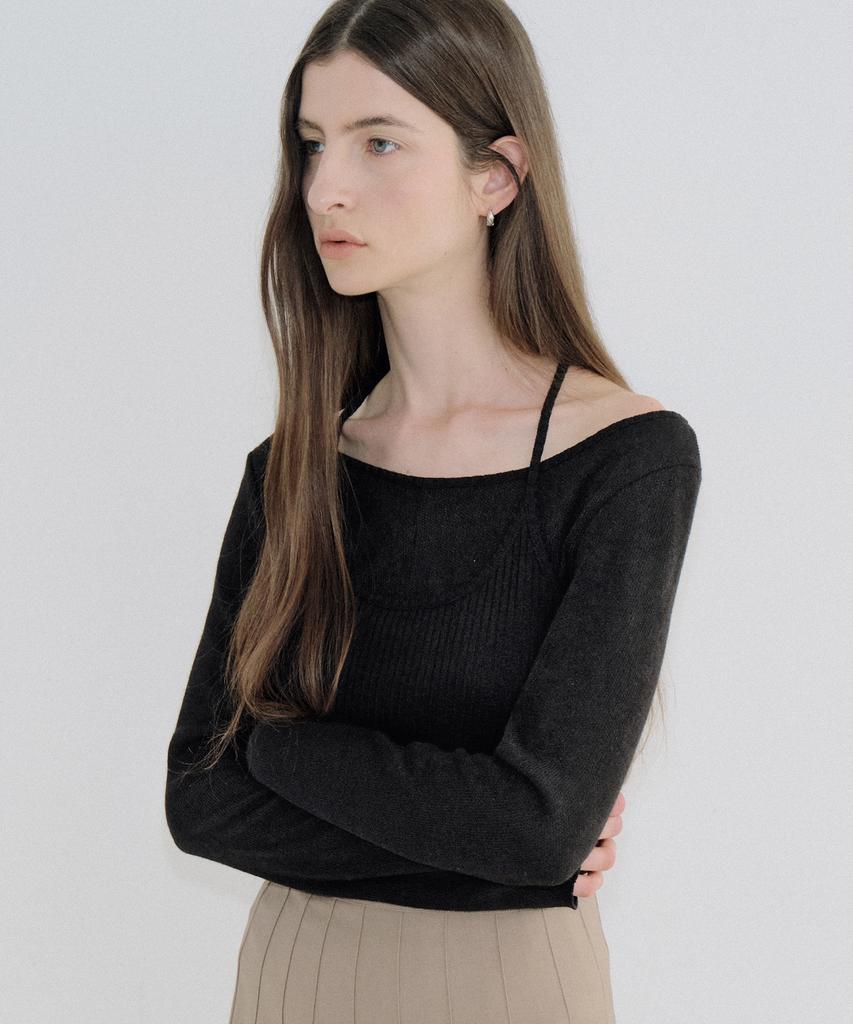 AWOKOMOSEU Ribbed Layered Halterneck T-Shirt (Black) Orc 6103