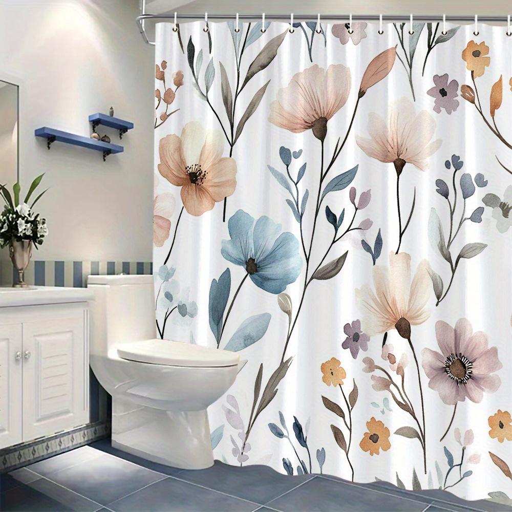 1 pastel floral shower curtain, blue and purple watercolor pattern with elongated leaves, with hooks, machine washable polyester