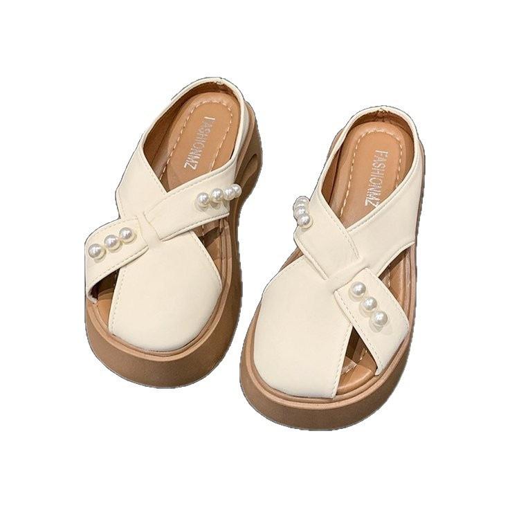 Baotou Half Slippers Women's 2025 New Summer Pearl Fashion Thick Bottom Heightening Design Sense One Pedal Lazy Half Tray