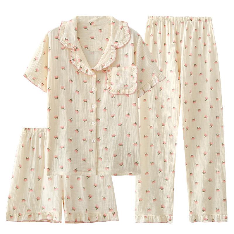 Pajamas women's summer thin, pure cotton cotton yarn small fresh short-sleeved shorts homewear three-piece set can be worn loosely