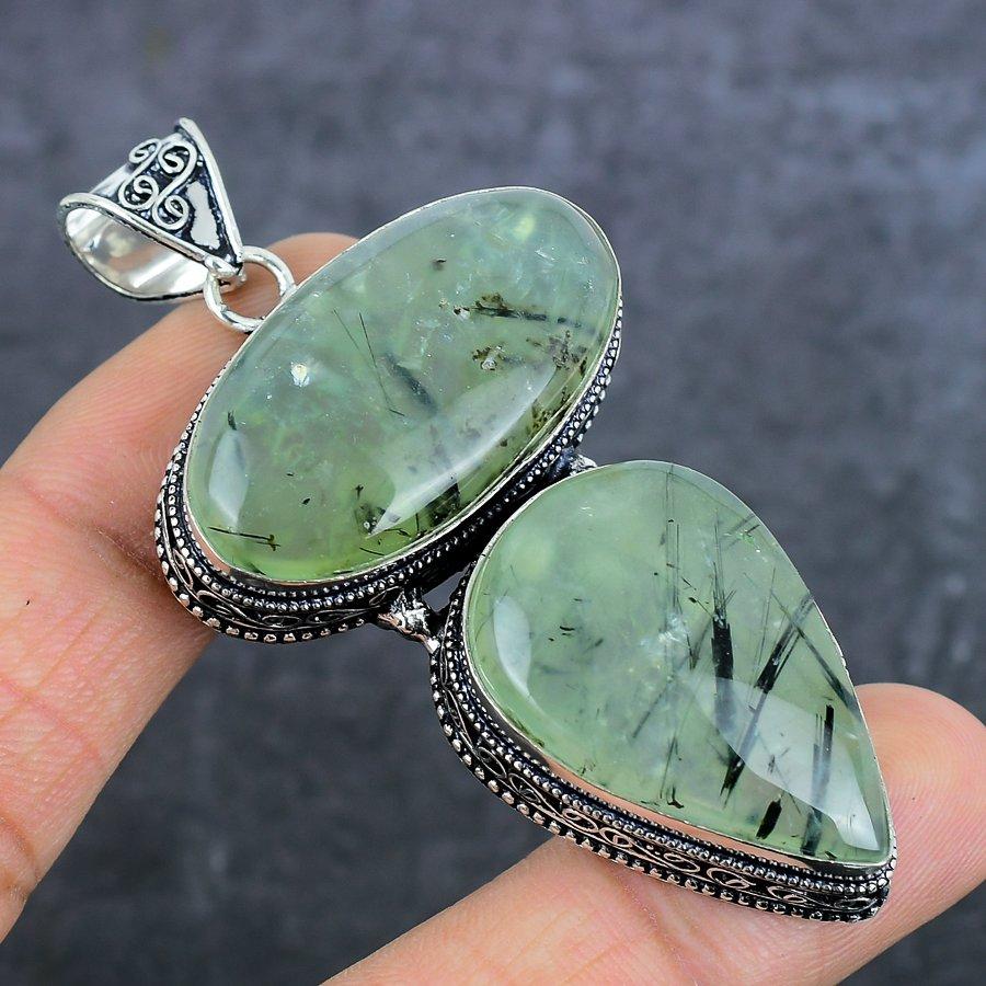 Natural Prehnite Gemstone 925 Sterling Silver Jewelry Pendant 2.96" D0C21