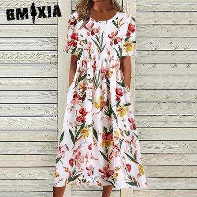 Sommer Mid-Rise Damen Casual Rundhals Print Swing Damenkleid
