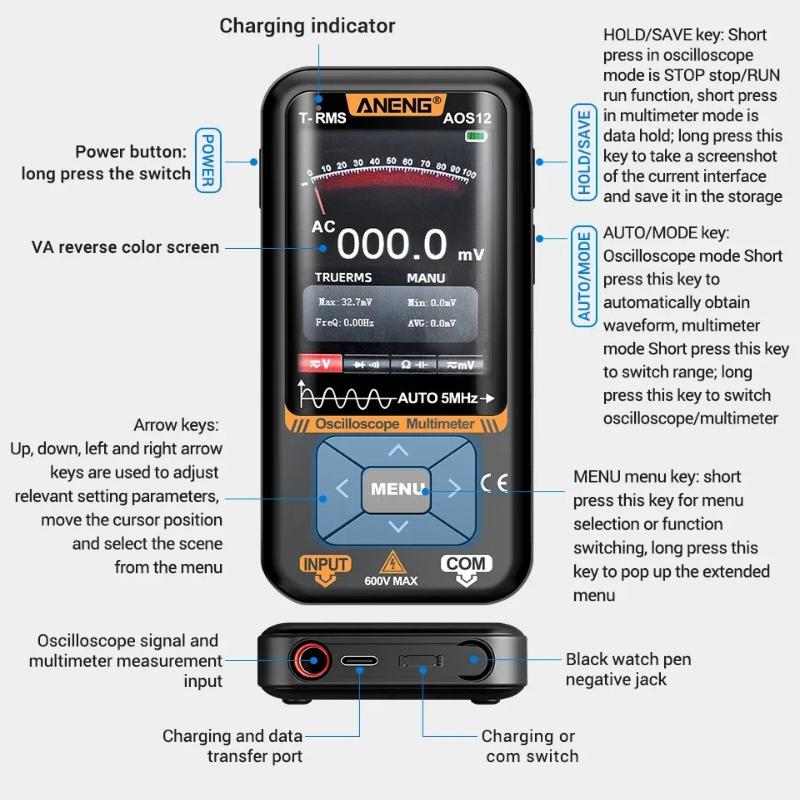 2026 ANENG AOS12 Intelligent 2in1 Oscilloscope Multimeter 5MHz 48MSa/s High Precision Portable Multifunction Measuring Test Tool with Digital Display