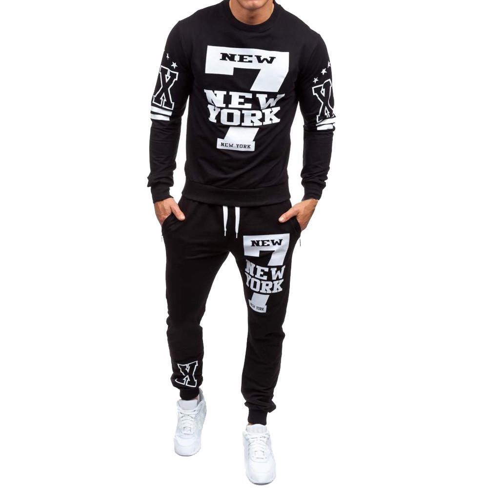 Men's Winter Printed Sweatshirt Top Pants Sets Sports Suit Tracksuit