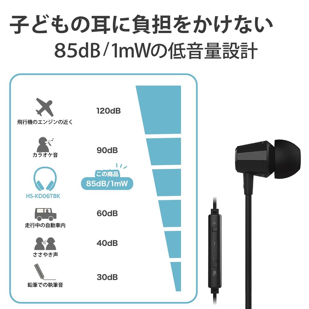 ELECOM Children's Earphones, Low Volume, 3.5mm Connection, 4-Pole, Heavy-Duty, with Mute Switch, Single Ear, Black, HS-KD06TBK