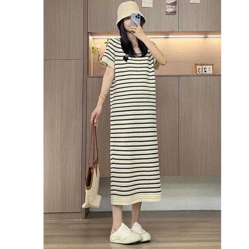 Maternity Summer 2026 Heart-Stripes Ice Silk Dress - New Fashion XL