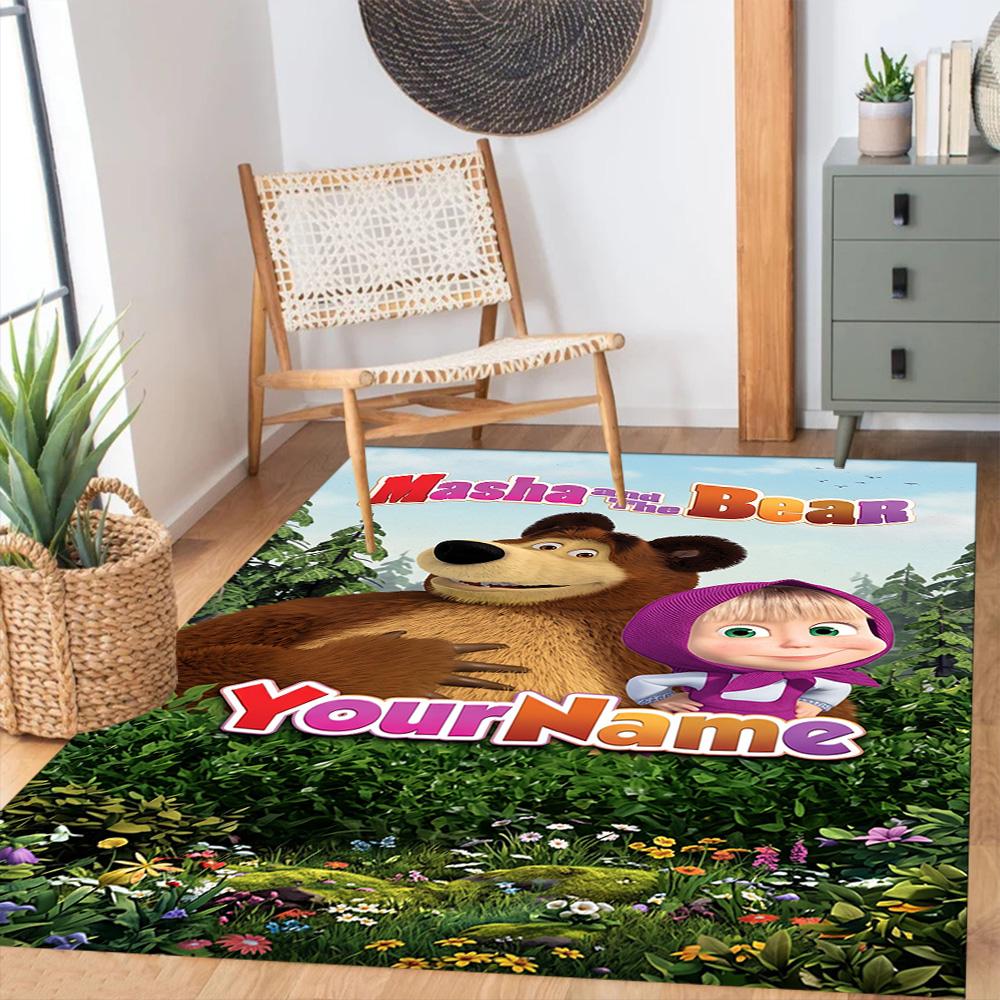Masha Bear Customize Text Floor Rug Office Rug Design for Study Room Game Room Decorate Room Entryway Anti-slip Rug Decorate Offices