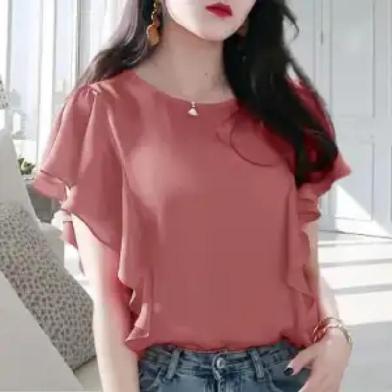 Summer Korean Style Ruffles Chiffon Shirt Ladies Short Sleeve Loose All-match Top Women Casual Fashion Blouse