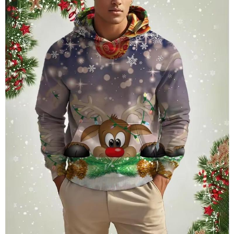 Men's Christmas Reindeer Print Hoodie Animal Cartoon Pattern Sweatshirt Casual Cute Polyester Spandex Blended Hooded Sweatshirt