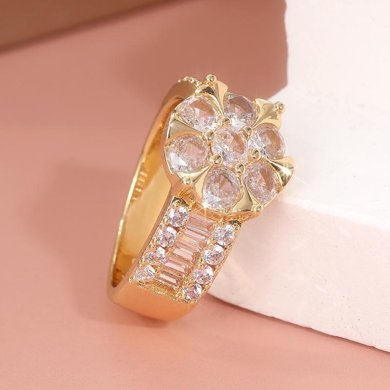 Elegant Exquisite Flower Shaped Inlaid Synthetic Zircon Golden Plated Ring Fro Women Fashion Banquet Wedding Jewelry Accessories