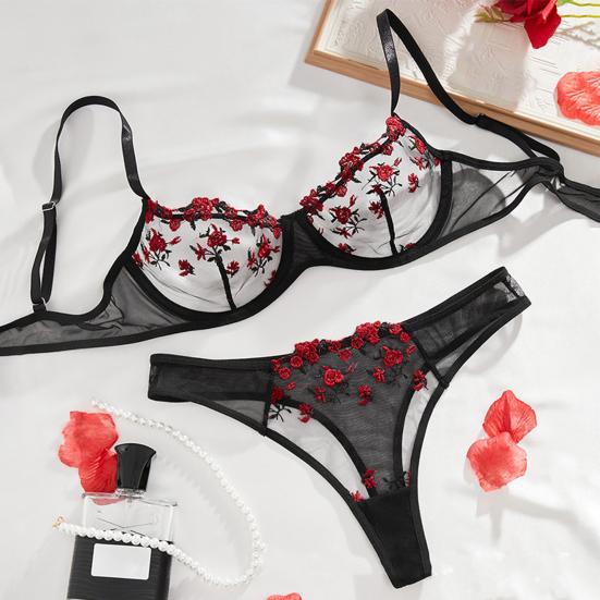2Pcs/Set Sexy Floral Embroidered Bra Briefs Set Adjustable Straps Cut Out Unpadded Underwear with Mid-Rise Panties